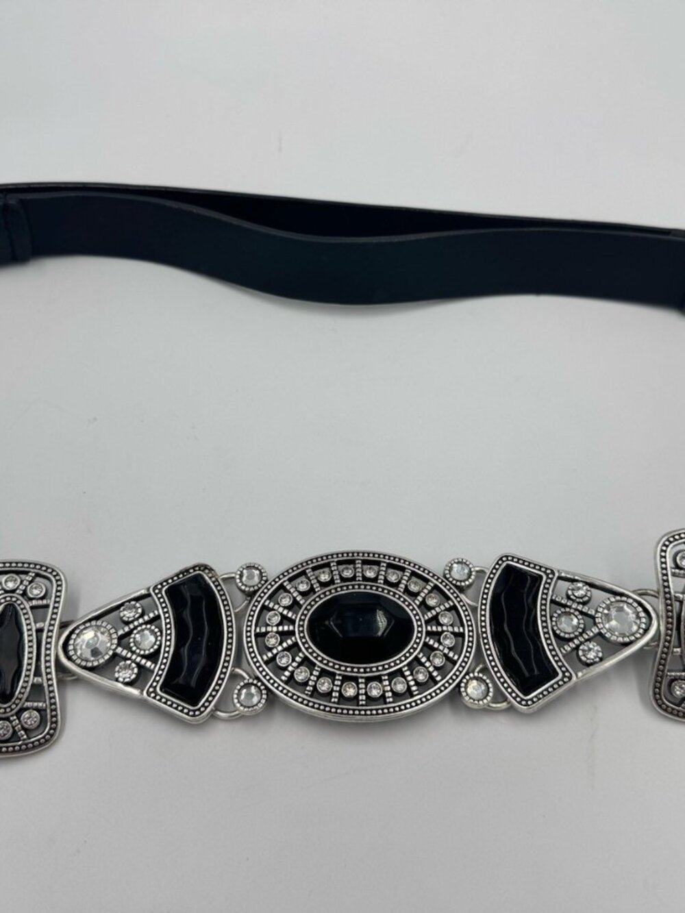 Chico's Black Statement Belt Silver Rhinestone Adjustable M/L